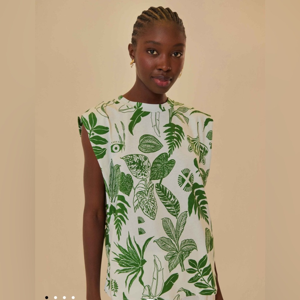 FARM Rio Soul Mix Green White Tropical Sleeveless Shirt Top Small S